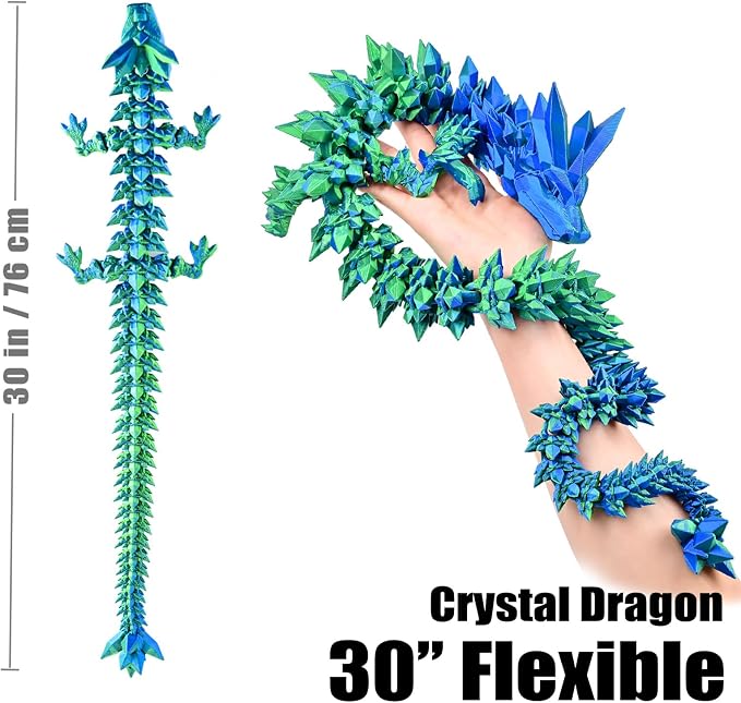 30 Inch Large 3D Printed Dragon 76cm Long Fidget Toy Gift Decor | Flexible Giant Articulated Dragon Toy, Home Desk Decoration, Birthdays Christmas Gift for Kids Boys Girls Adults, Blue Green