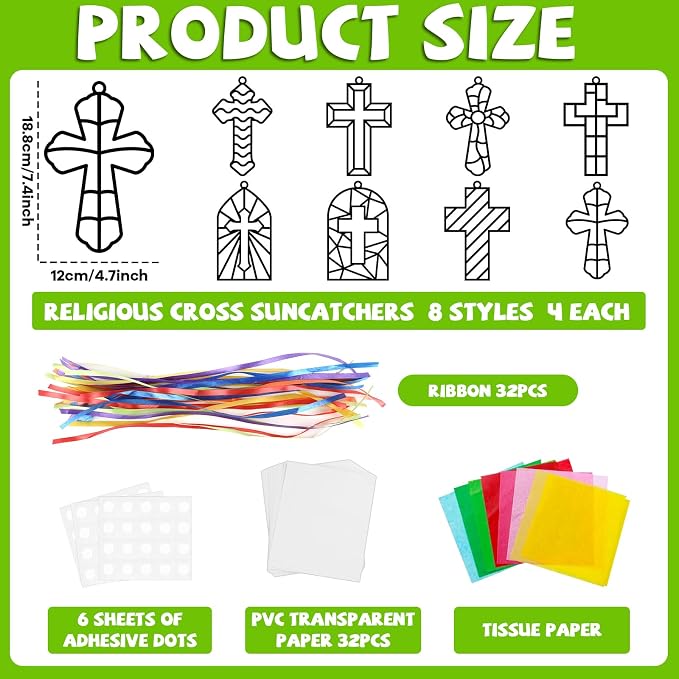 Lonfliness 32 Set Cross Suncatchers Craft DIY Religious VBS Window Stain Glass Effect Paper Christian Home Sunday Easter Decorations Art Craft Creative Activity Project Gift Favor