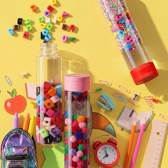 FoldTier 12 Set Letter Number Sensory Bottles, Plastic Clear Calming Kit | 13.5 oz Bottle, Pom-pom Balls, Alphabet and Number Decor, Clay, Rainbow Tape, Calm Down Jar Filler for Back to School