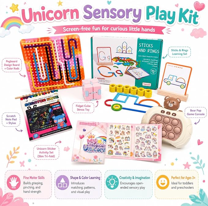 Calm Kids Sensory Kit - Screen-Free Busy Box Ages 3+ | 6-Piece Travel Toy Set, No-Mess Art and Play, Pink/Brown, Fine Motor Skill, Fidget, Quiet Time Fun