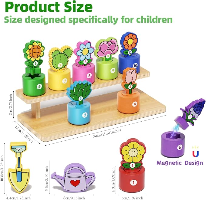 GJZZ Montessori Shape Color Sorting Toys, Flower Garden Wooden Set | Learning, Number Cognition, Fine Motor Skills, Role Play for 2 Year Old Girl
