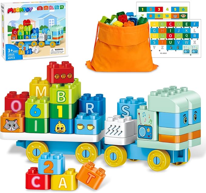 MOONTOY 49PCS Large Building Blocks for Toddlers 3-5, Alphabet Blocks Truck | Learn ABC & Numbers, Counting, Animal Matching, Educational Toys with Storage Bag, Preschool Birthday Gift for Kids 3+ Years