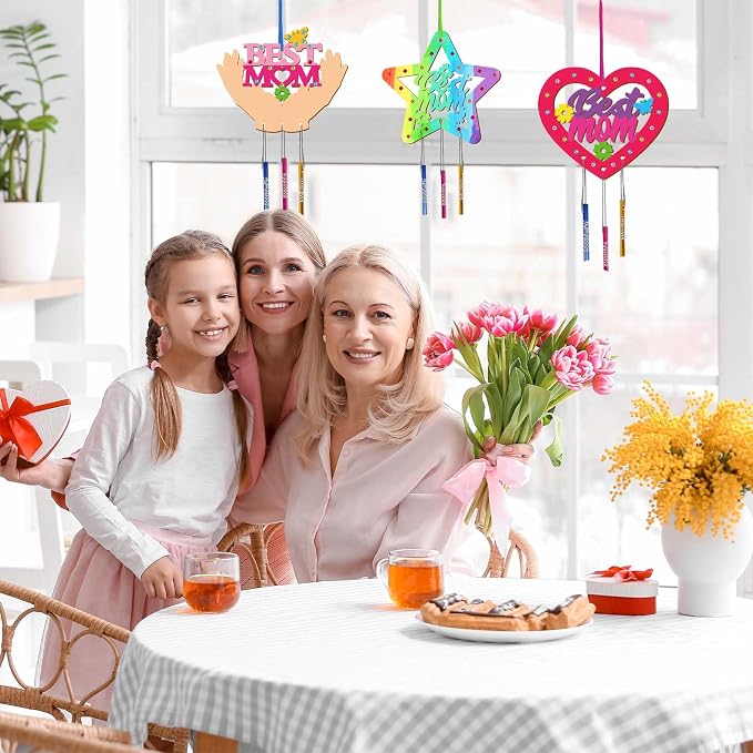 Fennoral 9 Pack MOM Wind Chime Kit for Kids Make You Own Mother's Day Wind Chimes DIY Coloring Mother's Day Wooden Art and Craft for Art Activity Mom's Birthday Decoration Mum Gifts