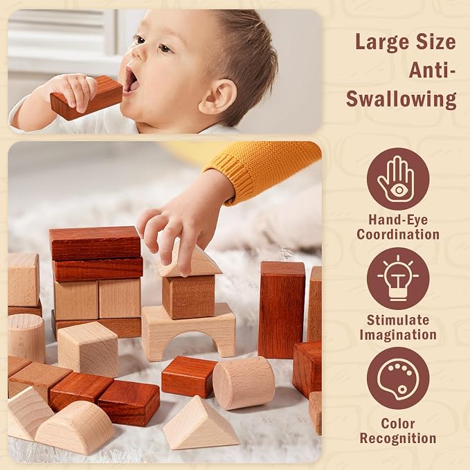 Adena Montessori 29-Piece Wooden Blocks Set, 3+ | Natural wood, 29 geometric solids for sorting, stacking & building. Boosts spatial reasoning & motor skills.