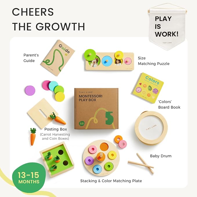 Tiny Land Montessori Baby Toy Set 13-15 Months 7 in 1 Explorer Play Kit | Baby drum, carrot harvesting, coin boxes, stacking plate, color matching, size puzzle, color board book, fine motor play gift