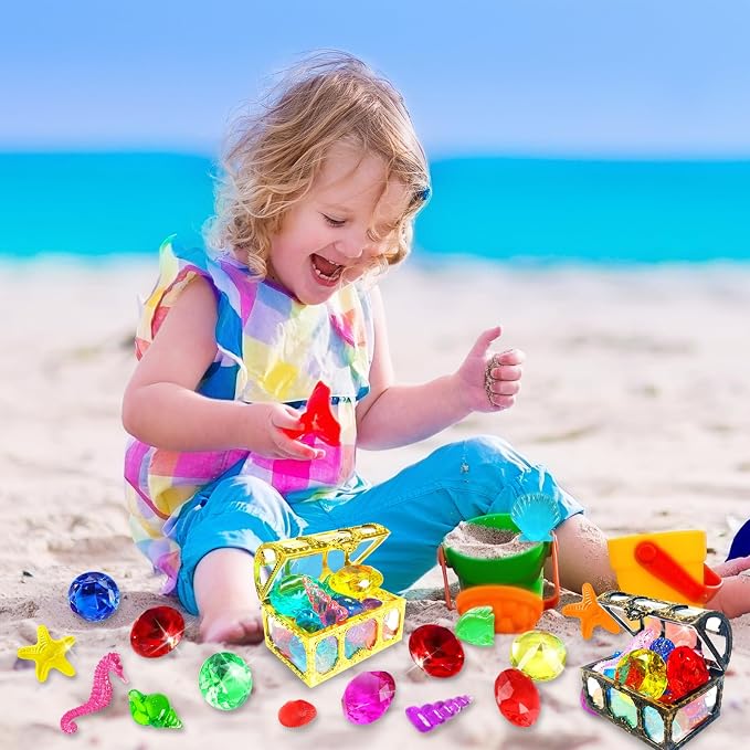 60Pcs Diving Gems Pool Toys Big Colorful Diamonds Set with Treasure Chest | Fake Plastic Acrylic Crystal Seashell & Gemstones, Underwater Mermaid Hunt Pirate Treasure Games for Kids, Gold and Bronze