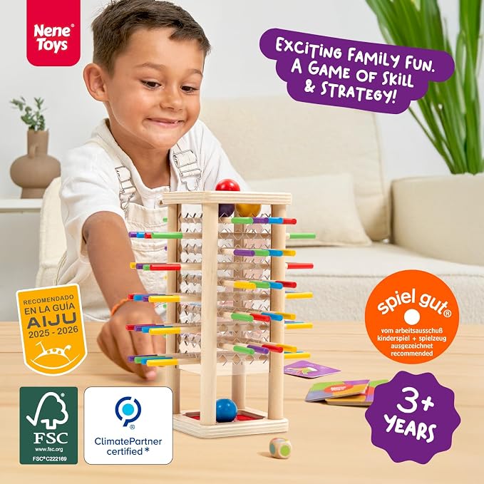 Nene Toys BALLFALL - Montessori Wooden Board Game for Kids Ages 3-9 – Educational Toy for Fine Motor Skills & Logical Thinking – Classic Family Tower Game with Colorful Sticks, Dice & Cards