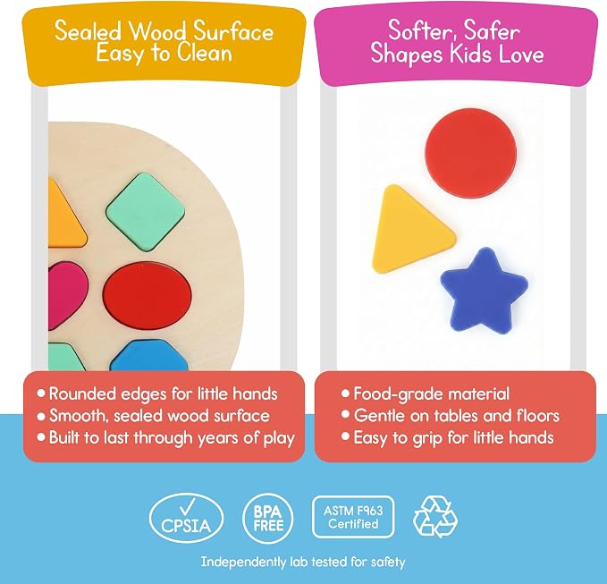 Shape Puzzle for Kids, Sensory Bin Insert for Sensory Tables, Silicone Geometric Shapes, Wooden Fine Motor Learning Toy