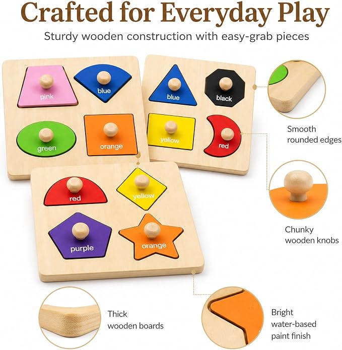 Wooden Shape Color Sorting Puzzle Toys for Toddlers, 4 Pack Montessori Peg Puzzles for Ages 2-4, Preschool Learning Toys for Shape Recognition, Fine Motor Skills, Gifts for Kids Boys Girls 1 2 3 4