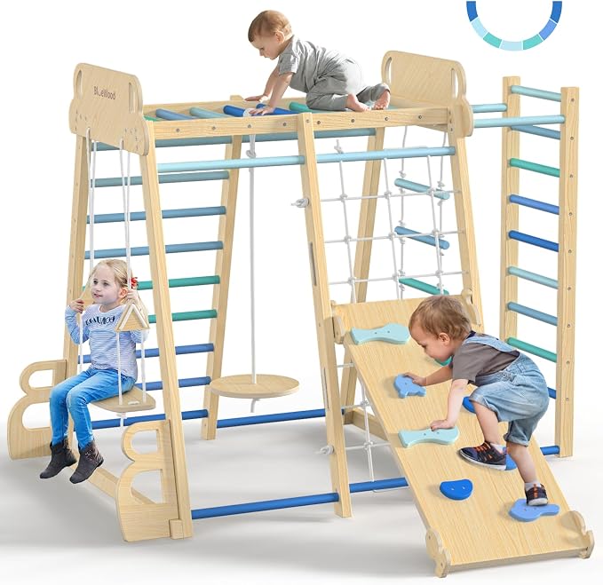 Upgraded Indoor Jungle Gym 9-in-1 Playground Kids Climbing Toys | Waldorf Style Wooden Climber Playset with Slide, Swing, Monkey Bars, Upright/Rope Ladder, Climb Net, Blue
