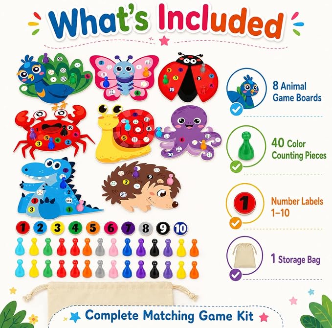 Cinrobiye Animal Counting Game for Kids, Number Matching Game 1-10 with Cute Animal Boards, Fun Educational Activity Games Set for Family Play, Party & Classroom Use