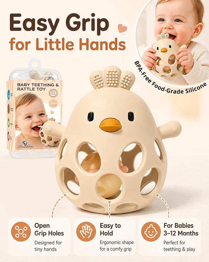 Tinabless 2-in-1 Baby Teether Rattle Toy, Easy Grip Silicone Teething Toy for Babies 3-12 Months, BPA-Free Sensory Chew Toy for Sore Gums, Infant Shower Gift (Beige w/Rattle)