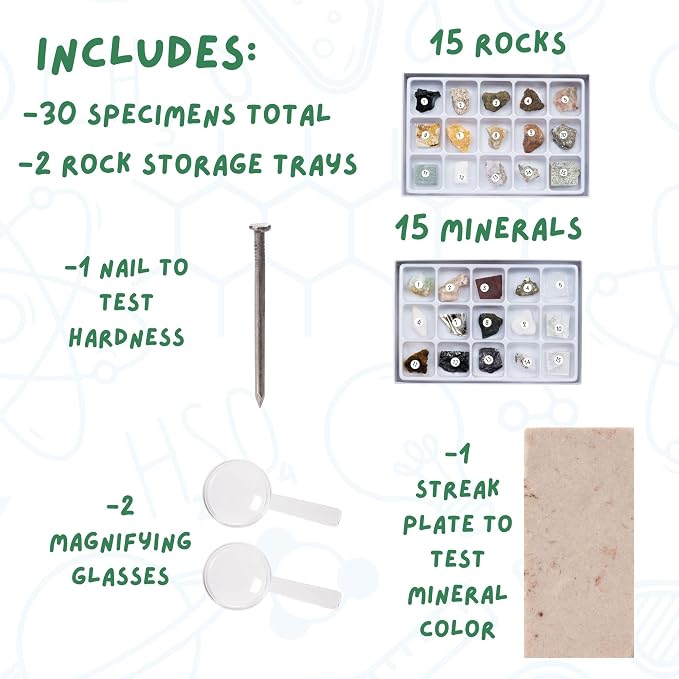 Toysmith STEM Rock & Mineral Science Kit for Kids - 30 Geology Specimens with Viewer, Identification Tools & Testing Tools - Geology Set for Young Geologists, Ages 8+