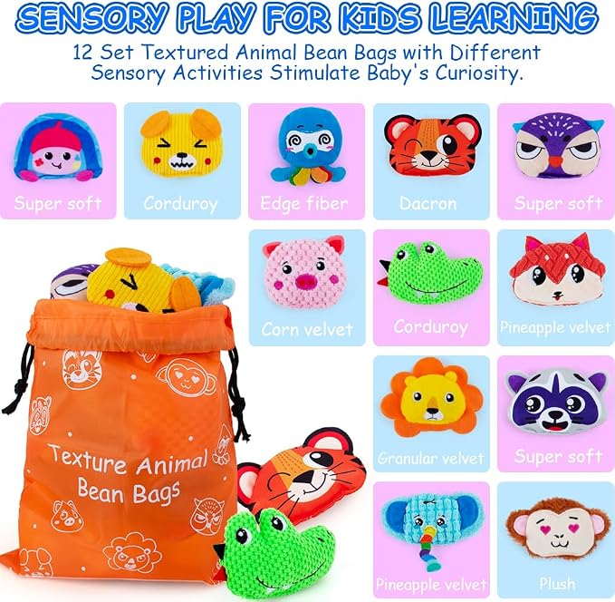 Sensory Bean Bag for Kids 12 Pack,Texture Beanbags Sensory Toys for Autism | Cute Animal Beanbags,Sensory Toys for Toddlers Kids Learning,Sensory Play Fine Motor Anxiety Relief