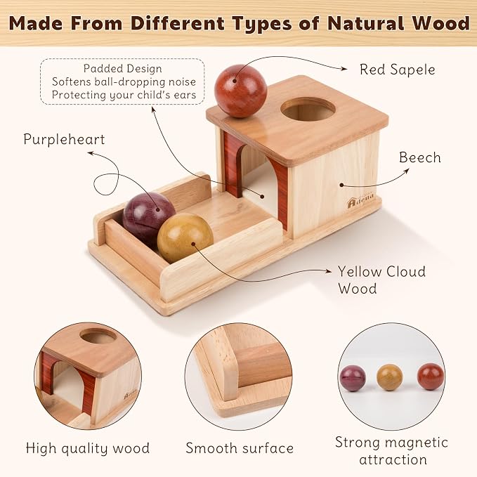 Adena Montessori Object Permanence Box for 6-12 Month Baby 3 Balls, Wooden Baby Toy in Natural Wood Tones, Real Wood Montessori Learning Toy for Toddler 1 Year Old, Sensory Developmental Gift