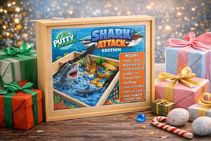 Shark Sensory Bin Kit for Kids - Ocean Sensory Play Kit with Wooden Storage Box, Moldable Sand, Sharks & Treasure Chest - Montessori STEM Learning Toy, Shark Gifts for Boys & Girls Ages 4-8