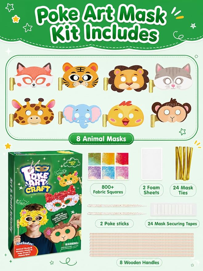 Kivonio Poke Art - Animal Masks, Mess-Free Fun for Kids, DIY Wood Craft Kits, Creative Activity, Gifts for Girls & Boys Ages 4, 5, 6, 7, 8, 9 Fine Motor Skills, Screen-Free