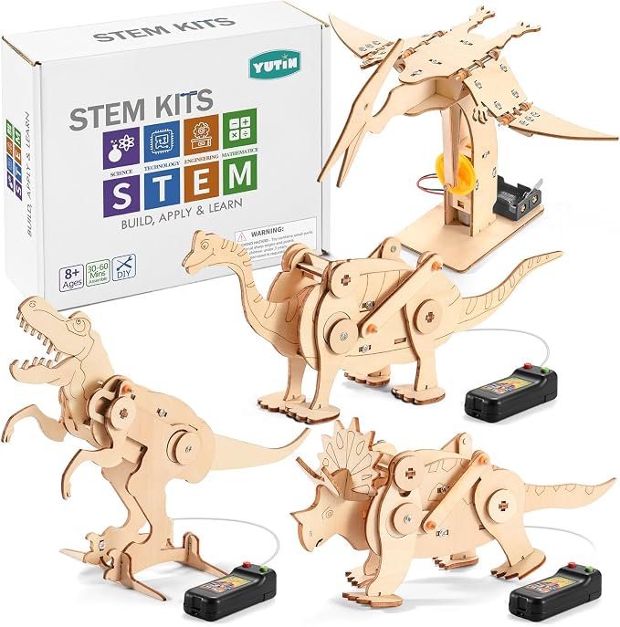 Dinosaur STEM Kits for Kids, 4 in 1 Wood Building Toys for Boys Crafts 8-12 | Build It Yourself Science Woodworking Kit, DIY 3D Wooden Puzzles Model for Kids, Birthday Gift for 8 9 10 11 12 13 Year Old