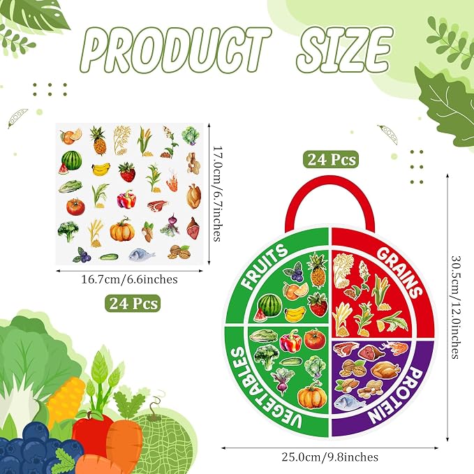 Cinrobiye 24 Set My Plate Food Stickers Preschool Vegetables Fruit Protein Grains Food Diary Early Learning Play Kit My Plate Food Chart Stories Games for Home School Classroom Supplies