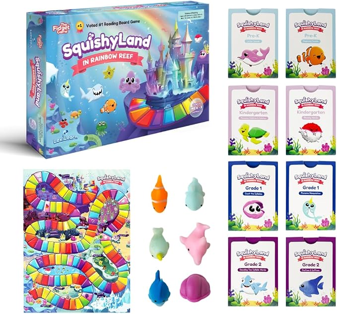 The Fidget Game SquishyLand in Rainbow Reef Board Game, Pre-K to 2nd Grade | Educational & Phonics Kindergarten Learning Activities, Mochi Squishy Toys Set, 2-6 Players