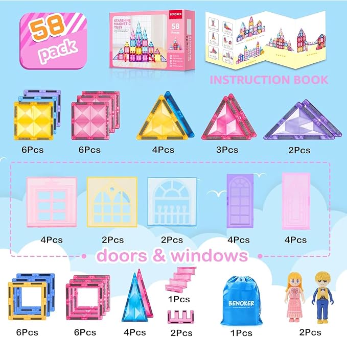 BENOKER Pink Castle Magnetic Tiles for Kids Ages 3-8, 3D STEM Toys with Sparkling Building Blocks, Creative Educational Gift for Boys and Girls, Preschool Learning Toys for Birthday | 58P sparkling pink castle magnetic tiles, creative educational gift ...