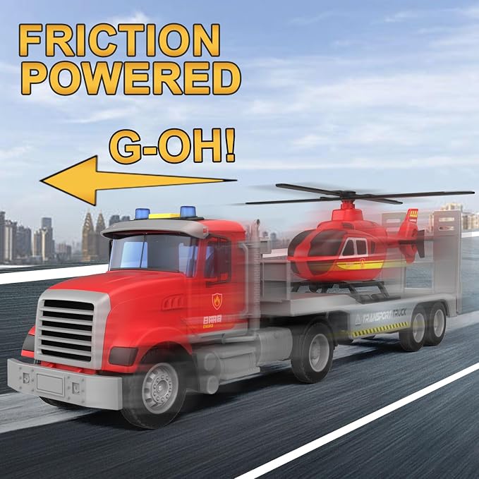 DOWELLIN 22" Semi Fire Truck Toy with Helicopter for Kids Toddlers - Fire Police Trucks Car Toys, Birthday for Boy Girl Child 3 4 5 6 7 Years Old