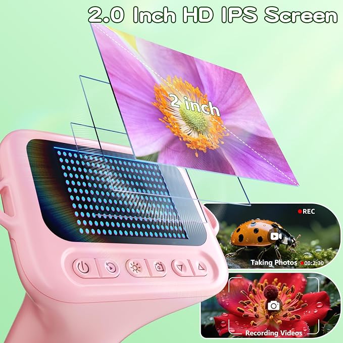 Odatay 1000X Digital Kids Microscope Kit with 12 Slides & 2" Screen, Pink | 1080P Imaging, Fit Ages 3-12, Standalone Pocket Science Edu Toys Gifts, Outdoor Backyard Bugs Exploring, Anti-drop Lanyard