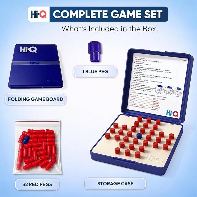 Original HI-Q Solitaire Game - Solitaire Board Game for Kids, Adults & Seniors, Solo 1-Player, Puzzle Strategy Problem Solving Game, Perfect Travel & College Board Game, Classic Hi-Q Peg Brain Teaser