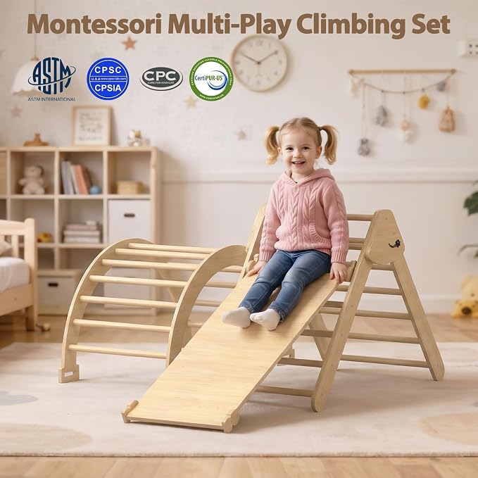 Large Pikler Triangle Set, 7-in-1 Toddler Climbing Toys Indoor, Wooden Montessori Climbing Set with Arch Ramp Ladder, Foldable Baby Jungle Gym Playground (Wood)