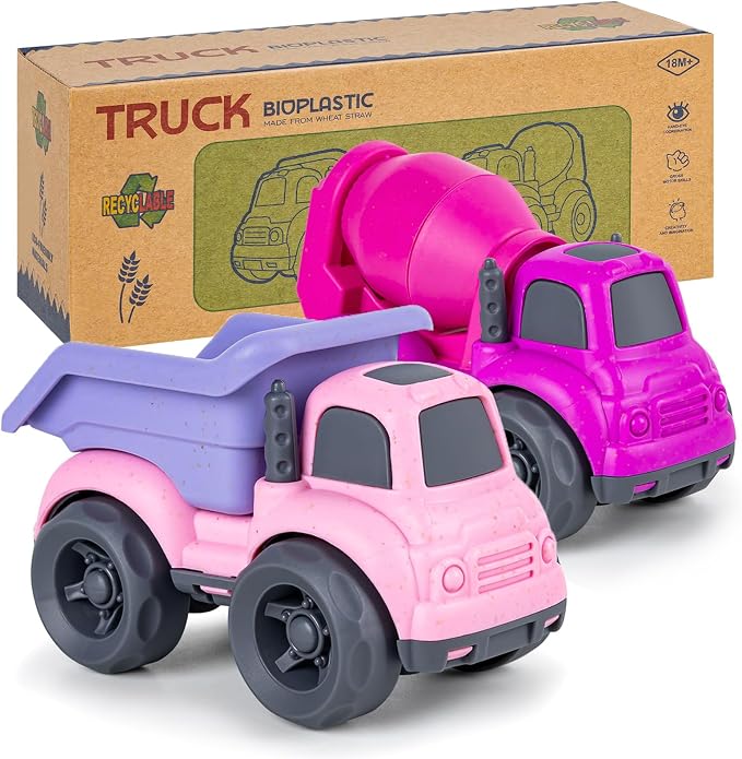 Aigitoy Toddler Car Toys Set - Mixer and Dump Truck for 2-4 Years Old | Sandbox Outdoor Vehicles Toy, No BPA, Phthalates, PVC, Recycled Plastic, Easter Christmas Birthday Gifts Boys Girls (Pink)