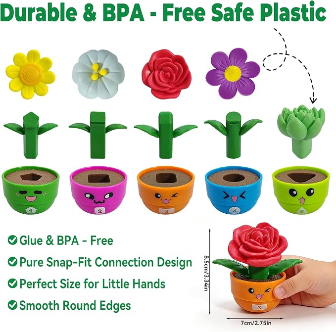 Montessori Flower Garden Building Toy for Girls & Boys, Toddler Gardening Set with 5 Shape & Number Flowers, Preschool Learning Matching & Stacking Game, Sensory Toys Gifts for 1 2 3 Year Old