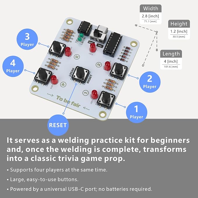 Soldering Practice Kit, 4-Player Buzzer Game for Beginners, DIY | Through-Hole Components, Extra-Large Pads, Ideal for STEM Projects