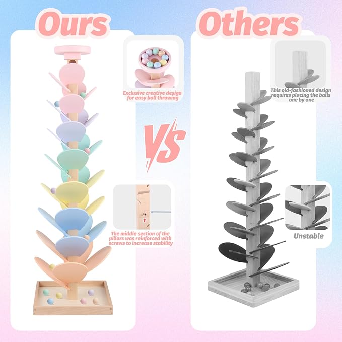 Wooden Marble Run Ball Drop Montessori Toy for 4-8 Boys Girls (Height: 28") | Kids Wood Music Tree Marble Ball Run Game 3-5 8-12 Years Old Learning Color Sorting Sensory Toys Birthday Gift