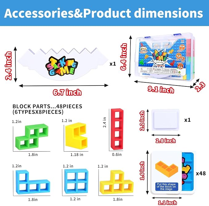 BBnote 48PCS Stack Game for Adult & Kids, Tetra Board Tower Games for Family Travel Party, 2 Players Balance Stacking Toy, Team Toys Building Block