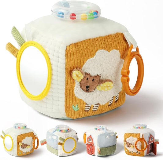 let's make Farm Baby Sensory Cube for Infants 0-12 Months — Soft Activity Block with Bead Rattle & Baby-Safe Mirror | Tummy Time Toy Gift for Boys Girls, Machine Washable