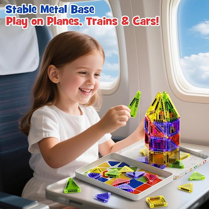 Mini Magnetic Tiles Travel Toys: Airplane Activities for Kids 3-8 | 40pcs Metal Box Play Base & Visual Storage Guide - Road Trip Essentials for Toddlers Quiet Games Portable Sets Must Haves