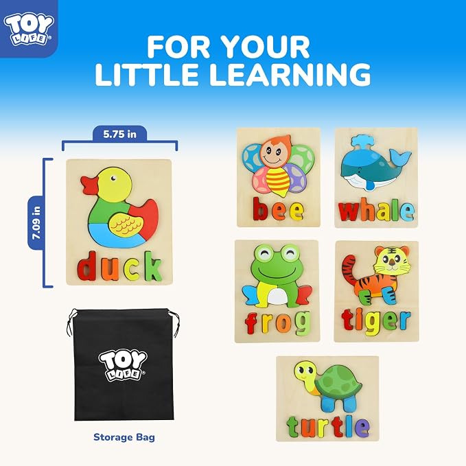 TOY Life Toddler Puzzles Ages 2-4, 6 Animals with Spelling Wooden Puzzles for Toddlers 3-5, Montessori Toys Gifts for 1 2 3 Years Old Boys Girls, Birthday Gifts Educational Learning Toys for Kids