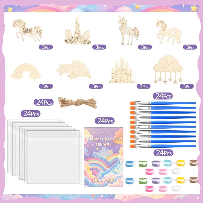 Saypacck 24 Pcs Rainbow Unicorn Party Favors Wooden Paint Craft Kits | Rainbow Designs with Paints, Packaged for Goodie Bag Fillers, Fun Craft Activity, Thank You Gifts and Decorations