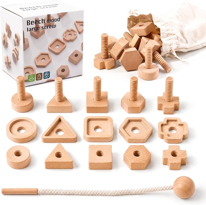 Wooden Screw and Nut Playset for Kids Ages 3,4,5，Montessori Shape Sorting Toy, Lacing Beads, Preschoolers Activities, Building Construction Screw Matching, for Boys Girls