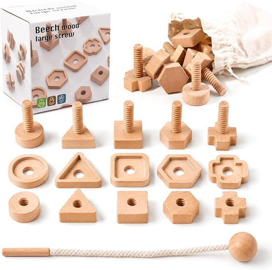 Wooden Screw and Nut Playset for Kids Ages 3,4,5，Montessori Shape Sorting Toy, Lacing Beads, Preschoolers Activities, Building Construction Screw Matching, for Boys Girls