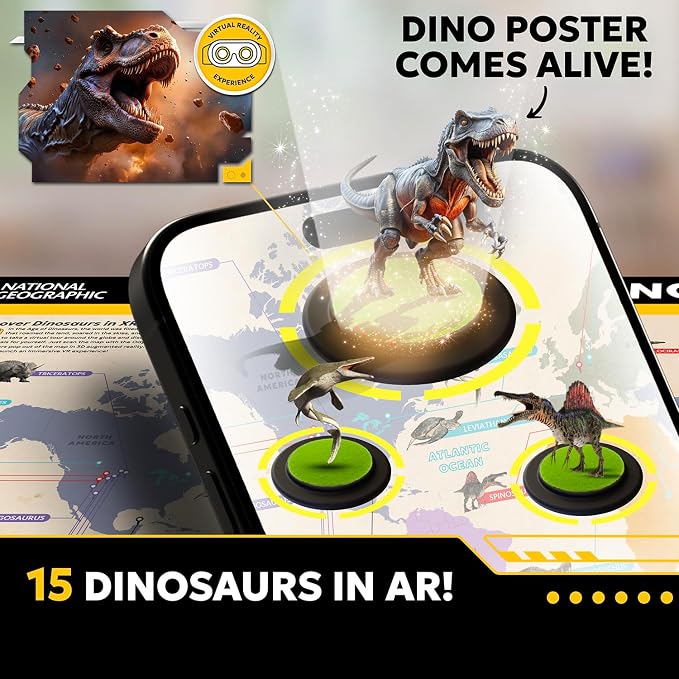 National Geographic Extinction- Kids VR STEM Science Kit, Gift Ages 8-12 | Virtual reality goggles, AR dinosaur discovery, 40-page book, 20in T-rex fossil build & display, learn archaeology & history