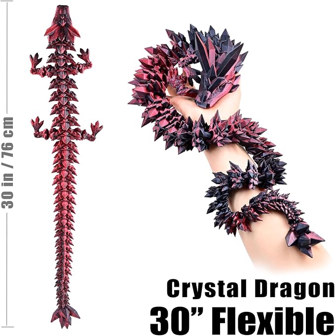30 Inch Large 3D Printed Dragon 76cm Long Fidget Toy Gift Decor | Flexible Giant Articulated Dragon Toy, Home Desk Decoration, Birthdays Christmas Gift for Kids Boys Girls Adults, Red Black