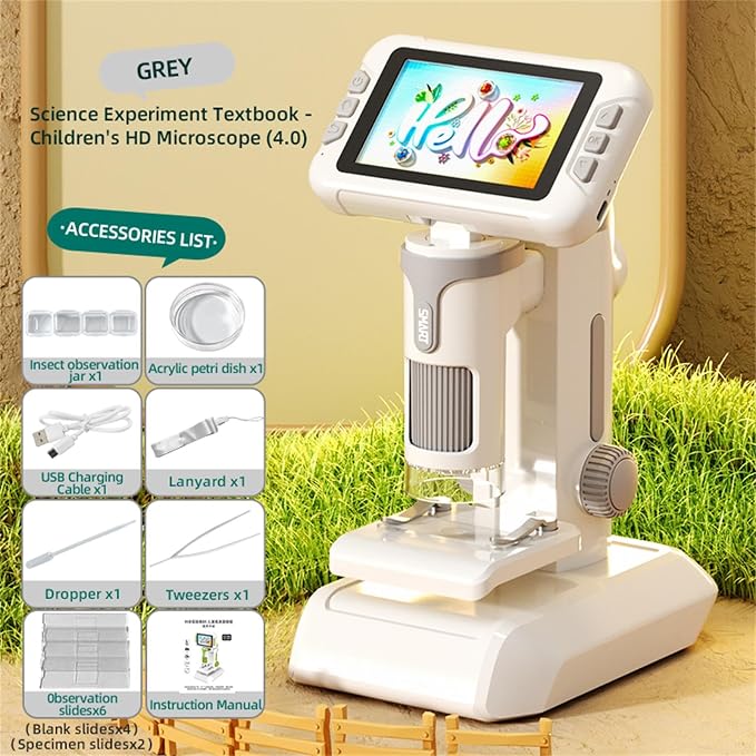 Microscope for Kids,1600X Digital Microscope with 4.0" HD Screen, 3-in-1 Portable Microscopes with Slides,STEM Educational Science Toy for Ages 6-12 Christmas Birthday Gifts for Boys & Girls (Grey)