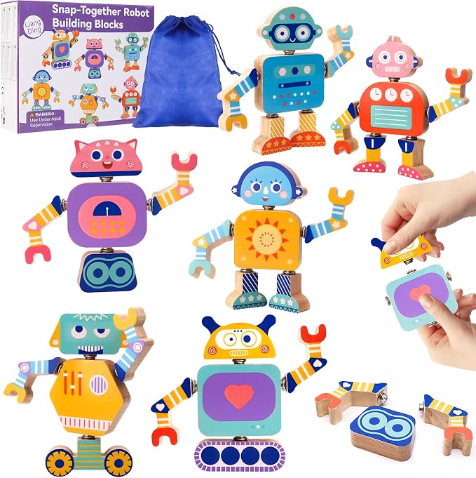 33-Piece Wooden Snap-Together Take-Apart Robot Building Blocks for Kids 3-6 | Mix-and-match heads, bodies, arms and legs for varied creations, fine motor practice, problem-solving and open-ended play