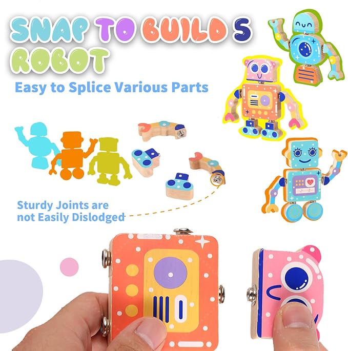 Wooden Snap Together Building Toys, Robot Building Toys for Kids Ages 3-5 | 28-Piece Building Set • Open-Ended Play • Fine Motor Skills • Creative Construction