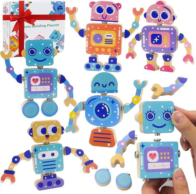 28-Piece Wooden Snap-Together Take-Apart Robot Building Blocks for Kids 3-6 | Mix-and-match heads, bodies, arms and legs for varied creations, fine motor practice, problem-solving and open-ended play