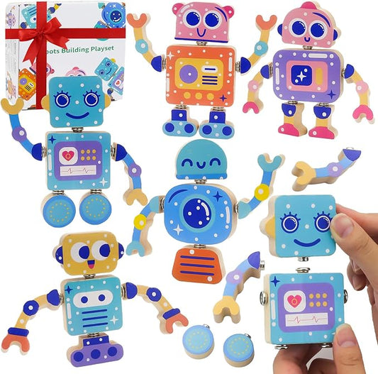 28-Piece Wooden Snap-Together Take-Apart Robot Building Blocks for Kids 3-6 | Mix-and-match heads, bodies, arms and legs for varied creations, fine motor practice, problem-solving and open-ended play