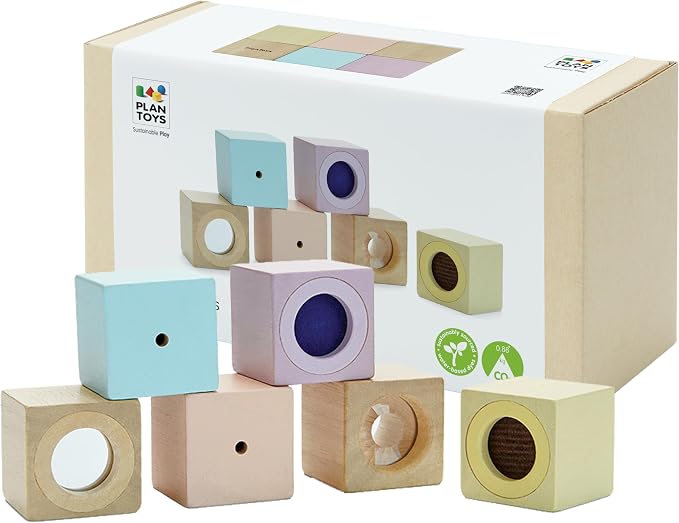 PlanToys® Sensory Blocks Wooden Learning Toy Montessori Kids Educational | tactile shapes, audio pieces, sensory blocks for toddlers 1-3, girls, boys, visual fine motor cognitive gift preschool set