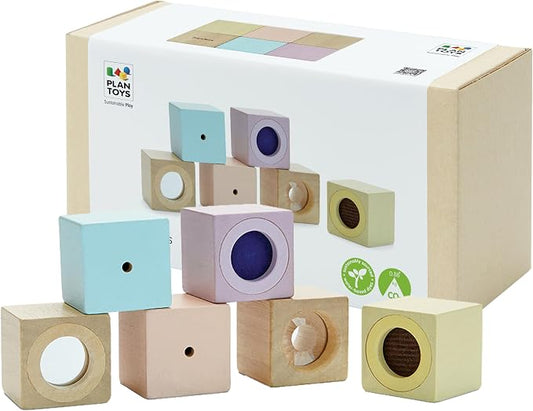 PlanToys® Sensory Blocks Wooden Learning Toy Montessori Kids Educational | tactile shapes, audio pieces, sensory blocks for toddlers 1-3, girls, boys, visual fine motor cognitive gift preschool set