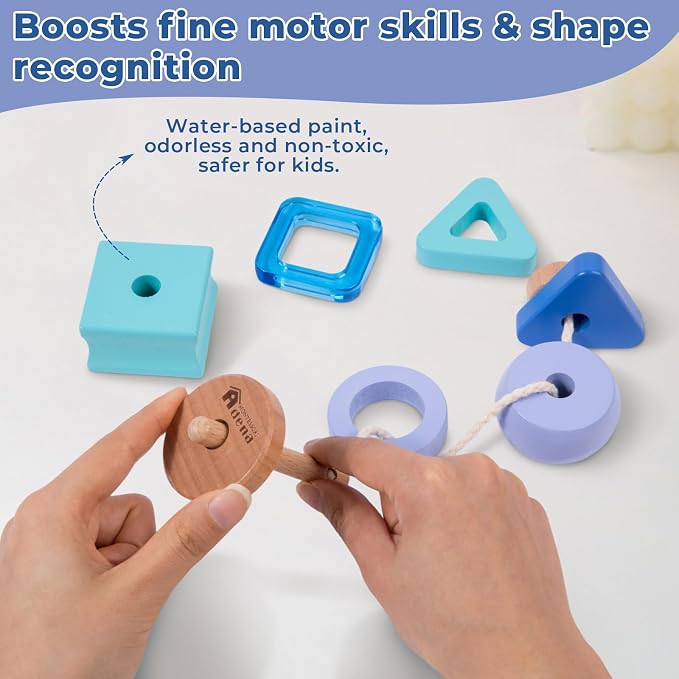 Adena Montessori Wooden Stringing Beads Set, Blue, 1-3y | Safe wood, 25+ beads with string. Lacing builds fine motor, hand-eye & patience. Montessori learning. Gift 1-3y.
